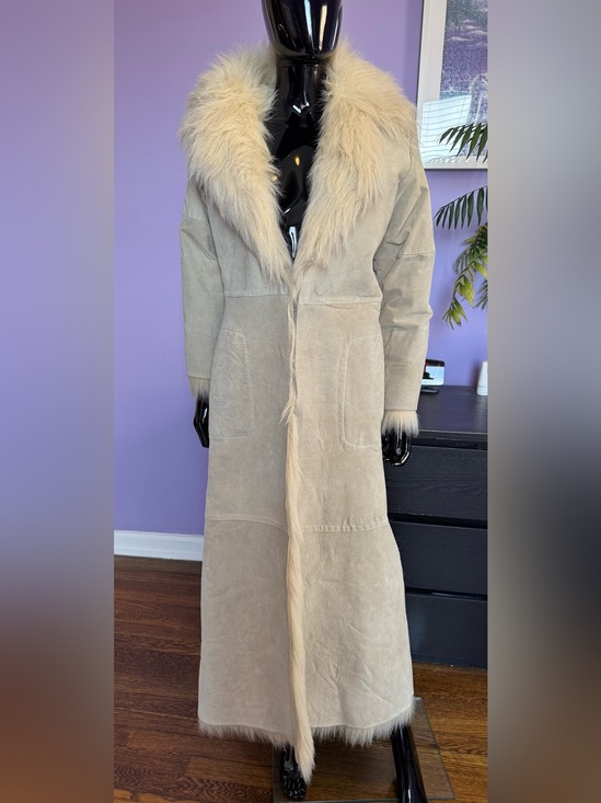 Custom Jackets & Blazers - Ivory sheepskin shearling fur coat leather faux fur trim size small